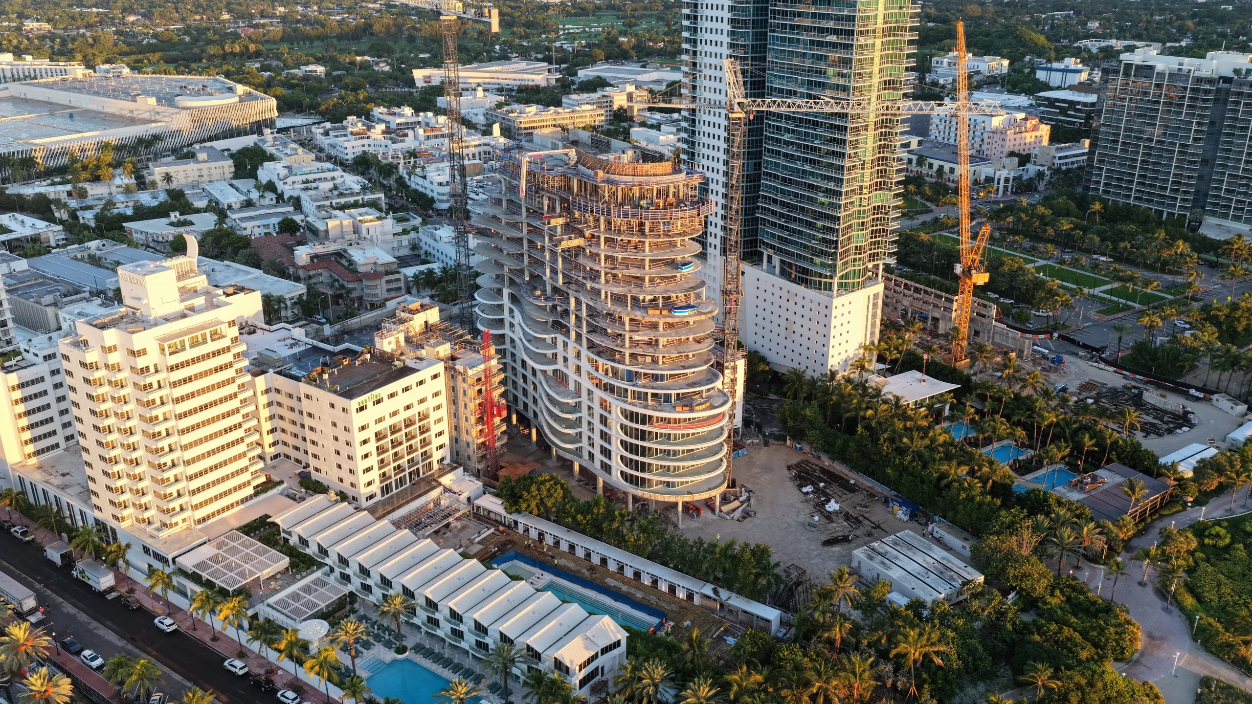 Aerial view of Shore Club Residences under construction in Miami Beach at golden hour